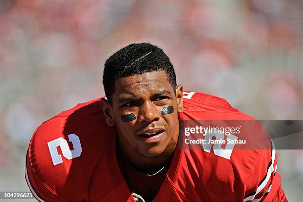 Terrelle Pryor of the Ohio State Buckeyes takes a breather during warm ups before a game against the Ohio Bobcats at Ohio Stadium on September 18,...