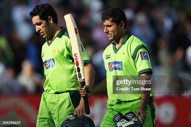 Abdul Razzaq of Pakistan walks off with Umar Gul after his innings of 44 from 20 balls during the 4th NatWest One Day International between England...