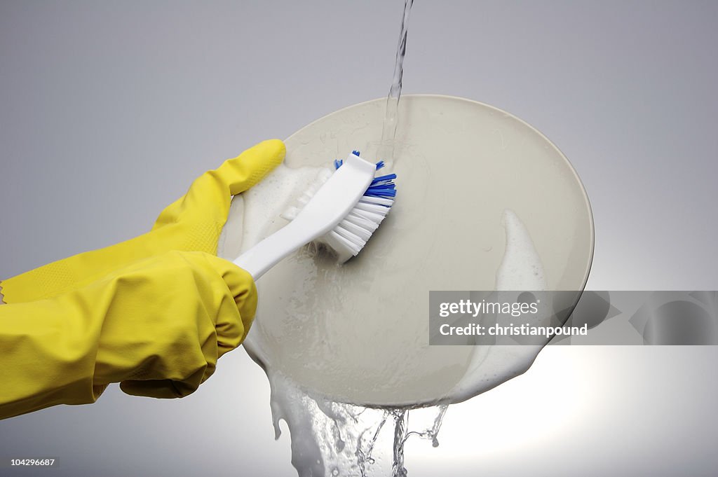 Gloved hands washing a dish with a brush