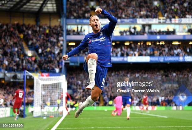 Eden Hazard of Chelsea celebrates after scoring his team's first goal during the Premier League match between Chelsea FC and Liverpool FC at Stamford...