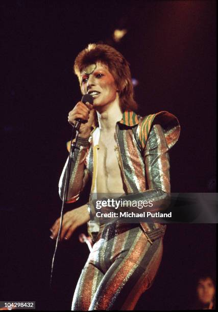 David Bowie performs on stage on his Ziggy Stardust/Aladdin Sane tour in London, 1973.