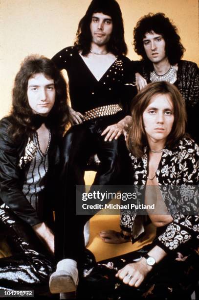 Rock group Queen pose for a group portrait in London, January 1973. John Deacon, Freddie Mercury, Brian May and Roger Taylor.