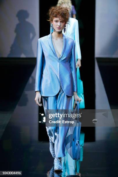 Model walks the runway at the Giorgio Armani show during Milan Fashion Week Spring/Summer 2019 on September 23, 2018 in Milan, Italy.
