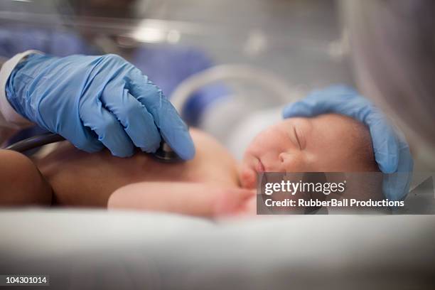 enfermera escuchando el latido del corazón de recién nacido - premature baby incubator fotografías e imágenes de stock