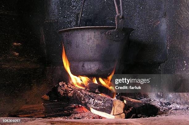 pot on a fire - cooking cauldron stock pictures, royalty-free photos & images