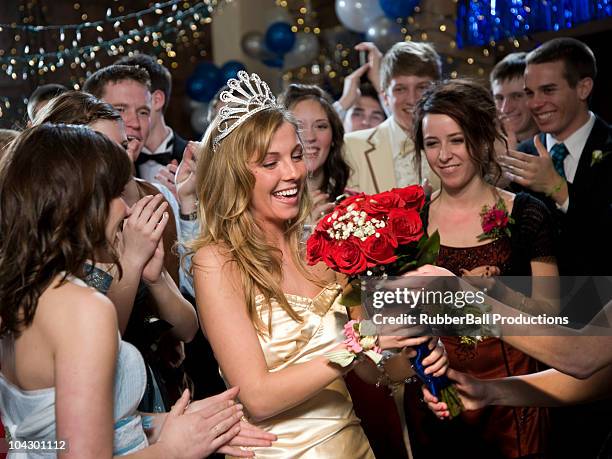 usa, utah, cedar hills, teenagers (14-17) with prom queen at high school prom - boy tiara stock pictures, royalty-free photos & images