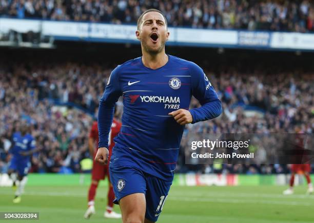 Eden hazard of Chelsea celebrates the opening goal during the Premier League match between Chelsea FC and Liverpool FC at Stamford Bridge on...