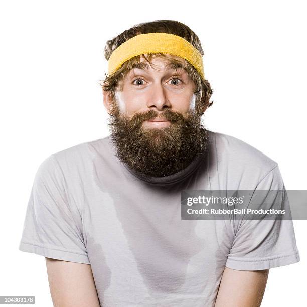 bearded man wearing a headband - zweetband stockfoto's en -beelden