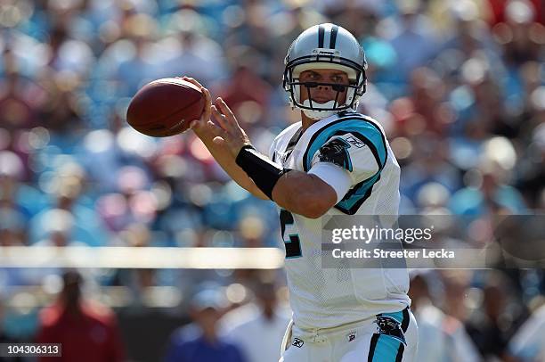 Jimmy Clausen of the Carolina Panthers against the Tampa Bay Buccaneers during their game at Bank of America Stadium on September 19, 2010 in...