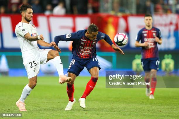 Yacine Bammou of Caen and Jordan Lefort of Amiens during the Ligue 1 match between Caen and Amiens at Stade Michel D'Ornano on September 29, 2018 in...