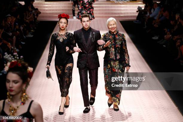 Azteca Henry, Thomas Henry Junior and Teresa Crawfod walk the runway at the Dolce & Gabbana show during Milan Fashion Week Spring/Summer 2019 on...