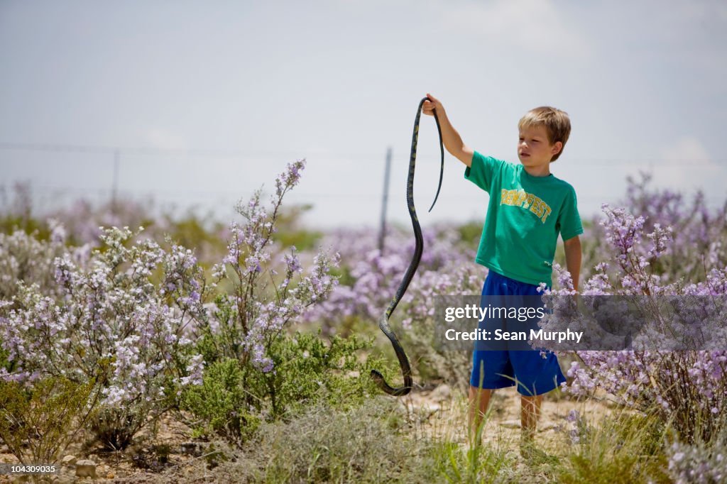 Little boy holding snake by tail
