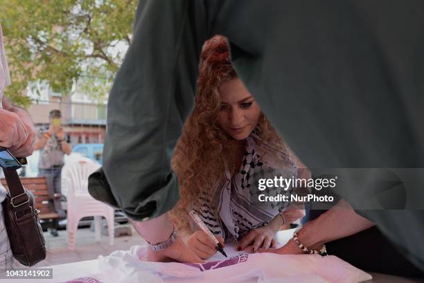 Ahed Tamimi during the FiestaPCE18 in a great act of solidarity with Palestine in Madrid on 29th September, 2018. Ahed Tamimi to take part in the...