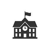 School building icon in flat style. College education vector illustration on white isolated background. Bank, government business concept.