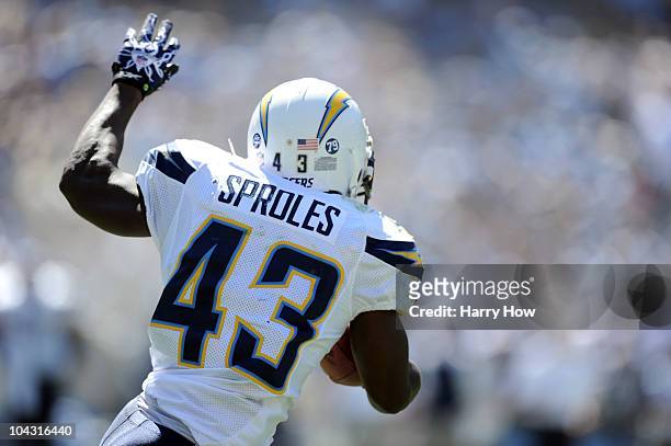 Darren Sproles of the San Diego Chargers runs against the Jacksonville Jaguars during the game at Qualcomm Stadium on September 19, 2010 in San...