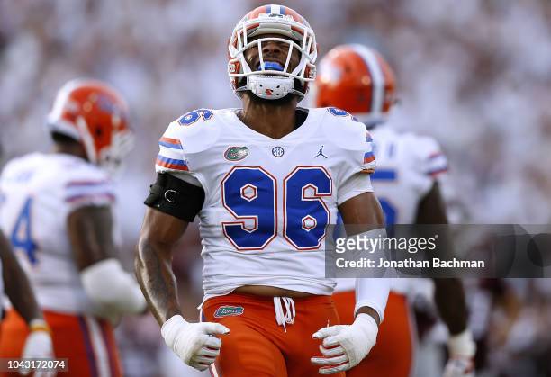 Cece Jefferson of the Florida Gators reacts during the first half against the Mississippi State Bulldogs at Davis Wade Stadium on September 29, 2018...