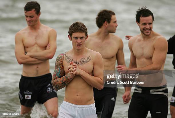 Dayne Beams of the Magpies walks out of the water during a Collingwood Magpies AFL recovery session at St Kilda Sea Baths on September 21, 2010 in...