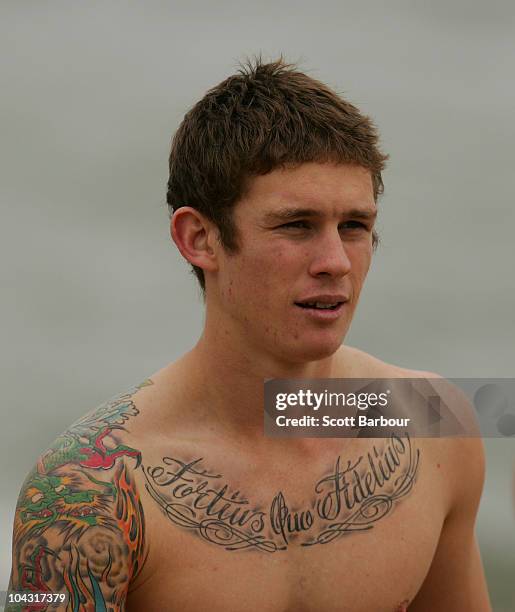 Dayne Beams of the Magpies walks out of the water during a Collingwood Magpies AFL recovery session at St Kilda Sea Baths on September 21, 2010 in...