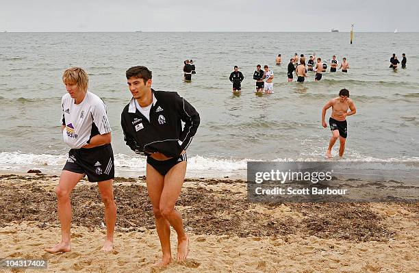 Dale Thomas and Sharrod Wellingham of the Magpies walk out of the water during a Collingwood Magpies AFL recovery session at St Kilda Sea Baths on...