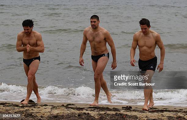 Paul Medhurst, Chris Dawes and Luke Ball walk out of the water during a Collingwood Magpies AFL recovery session at St Kilda Sea Baths on September...