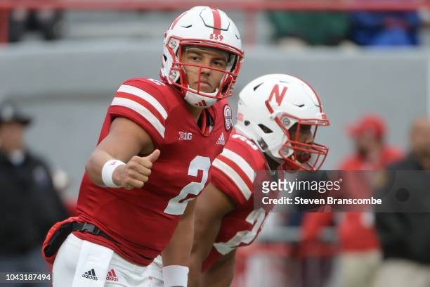 Quarterback Adrian Martinez of the Nebraska Cornhuskers gives a signal before a play in the second half against the Purdue Boilermakers at Memorial...
