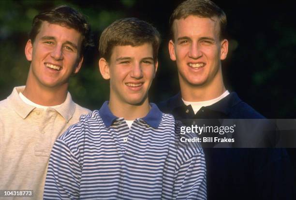 Casual portrait of Manning family brothers Cooper Manning, Eli Manning, and Tennessee QB Peyton Manning during photo shoot at their Garden District...