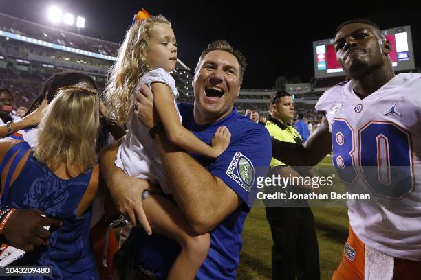 Head coach Dan Mullen of the Florida Gators celebrates a win over Mississippi State Bulldogs at Davis Wade Stadium on September 29, 2018 in...