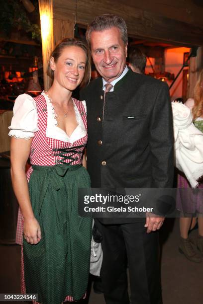 Guenther Oettinger and his girlfriend Friederike Beyer during the Oktoberfest 2018 at Kaeferschaenke tent Theresienwiese on September 29, 2018 in...