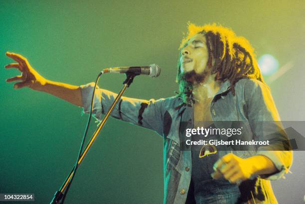 Bob Marley performs on stage with The Wailers at Houtrust Hallen on 13th May 1977 in The Hauge, Netherlands.