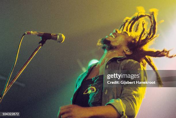 Bob Marley performs on stage with The Wailers at Houtrust Hallen on 13th May 1977 in The Hauge, Netherlands.