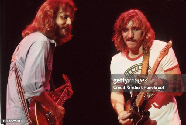 Don Felder and Joe Walsh of The Eagles perform on stage at Ahoy on 11th May 1977 in Rotterdam, Netherlands.