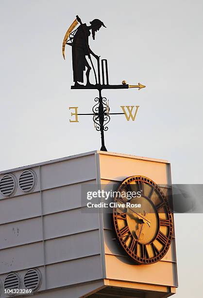 The Old Father Time weather vane is pictured during the 4th NatWest One Day International between England and Pakistan at Lord's on September 20,...