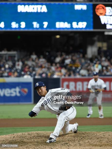 Kazuhisa Makita of the San Diego Padres pitches during the eighth inning of a baseball game against the Arizona Diamondbacks at PETCO Park on...