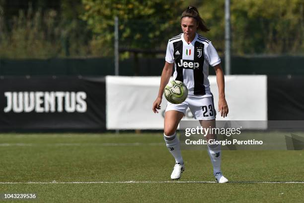 Cecilia Salvai of Juventus controls the ball during the Women's Serie A match between Juventus and Fimauto Valpolicella at Juventus Center Vinovo on...