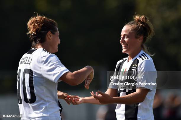 Aurora Galli of Juventus celebrates after scoring with her teammate Cristiana Girelli during the Women's Serie A match between Juventus and Fimauto...