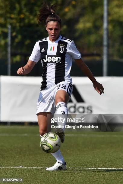 Cecilia Salvai of Juventus controls the ball during the Women's Serie A match between Juventus and Fimauto Valpolicella at Juventus Center Vinovo on...