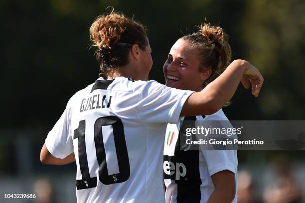 Aurora Galli of Juventus celebrates after scoring with her teammate Cristiana Girelli during the Women's Serie A match between Juventus and Fimauto...