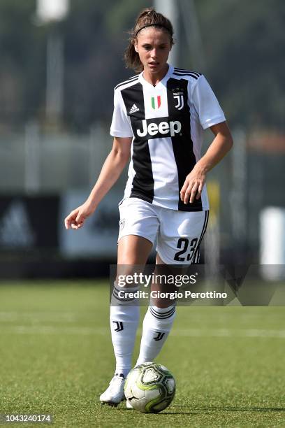 Cecilia Salvai of Juventus controls the ball during the Women's Serie A match between Juventus and Fimauto Valpolicella at Juventus Center Vinovo on...