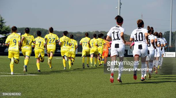 Teams players enter the field of play during the Women's Serie A match between Juventus and Fimauto Valpolicella at Juventus Center Vinovo on...