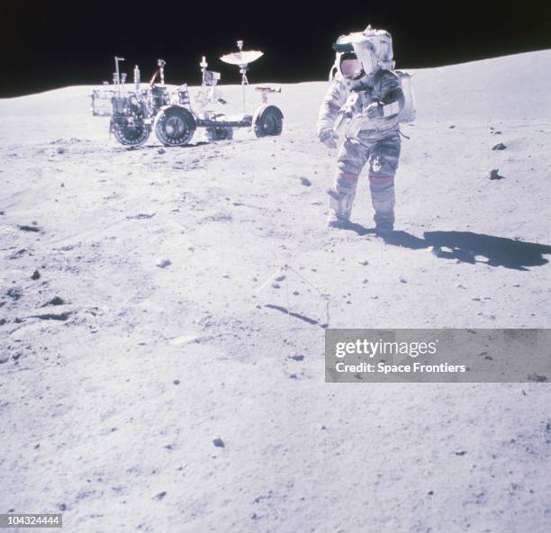Astronaut John W. Young, Commander of the Apollo 16 lunar landing mission, collects samples at the North Ray Crater of the moon, 23rd April 1972. The...