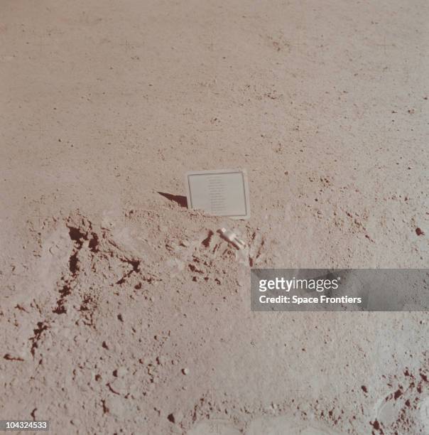 Commemorative plaque left at the Hadley-Apennine landing site on the moon during the Apollo 15 mission, 1st August 1971. It bears the names of 14...