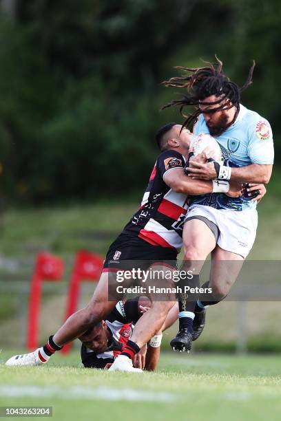 Toni Pulu of Counties Manukau tackles Rene Ranger of Northland during the round seven Mitre 10 Cup match between Counties Manakau and Northland at...