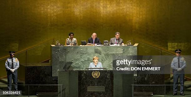 Chancellor of the Federal Republic of Germany Angela Merkel delivers her address September 21, 2010 at the Millennium Development Goals Summit at the...