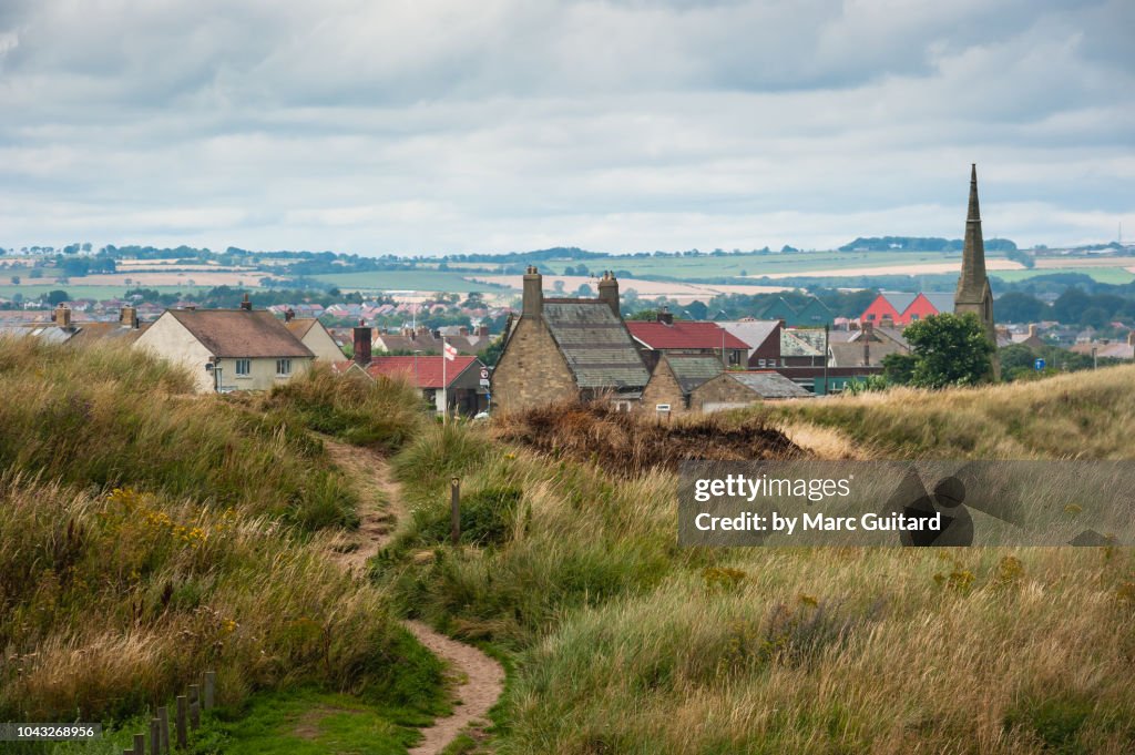 Path through the dunes towards Amble, Northumberland Coast Path, Northumberland, England