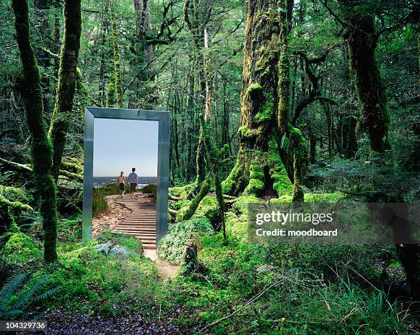 couple walking from rainforest to beach - portail photos et images de collection