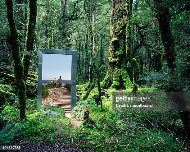 couple walking from rainforest to beach - magic doors stock pictures, royalty-free photos & images