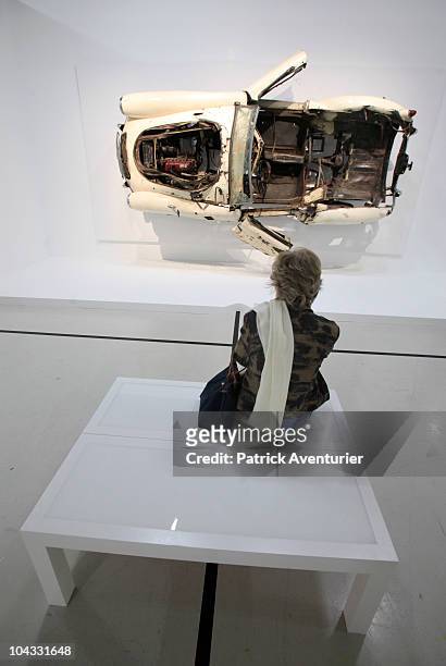 Work , "White Orchid,exploded MG car, 1963".A general view during the launch of a retrospective exhibition of artist 'Arman' at the Centre Pompidou...