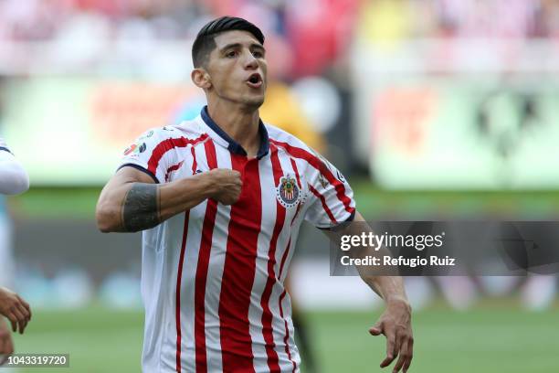 Alan Pulido of Chivas celebrates after scoring the opening during the 10th match between Chivas and Queretaro as part of the Torneo Apertura 2018...
