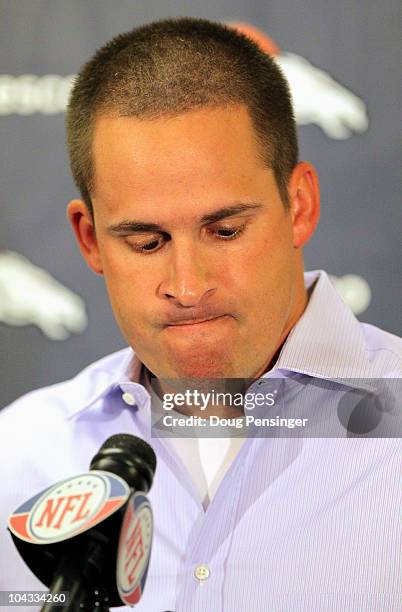 Denver Broncos head coach Josh McDaniel addresses the media during a press conference to discuss the death of Bronco wide receiver Kenny McKinley at...