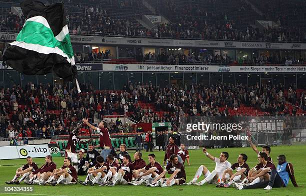 The team of Hannover celebrate after the Bundesliga match between Hannover 96 and SV Werder Bremen at AWD Arena on September 21, 2010 in Hanover,...